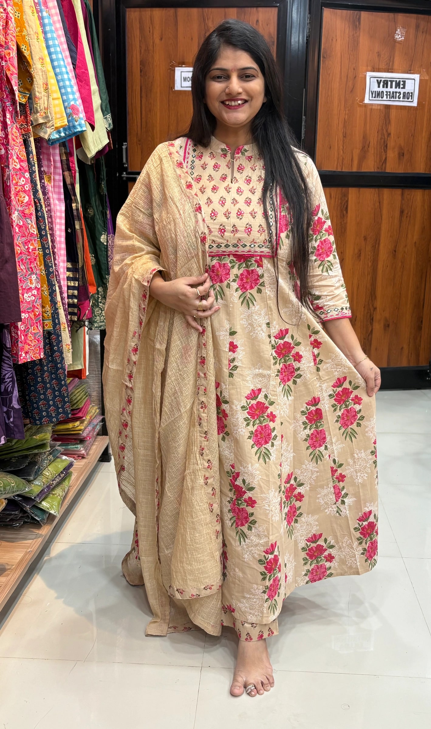 Beige Floral Embroidered Kurta Set